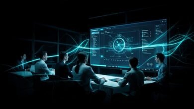 Equipo de profesionales revisando un panel de control de agentes de inteligencia artificial en una oficina