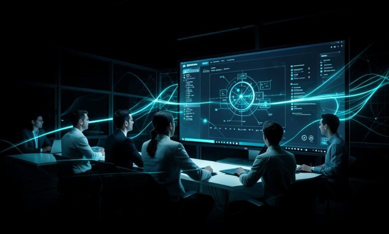 Equipo de profesionales revisando un panel de control de agentes de inteligencia artificial en una oficina