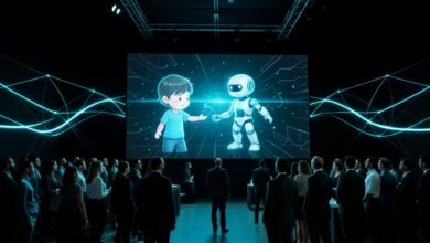 Ilustración de un avatar infantil digital interactuando con un robot en una sala de conferencias