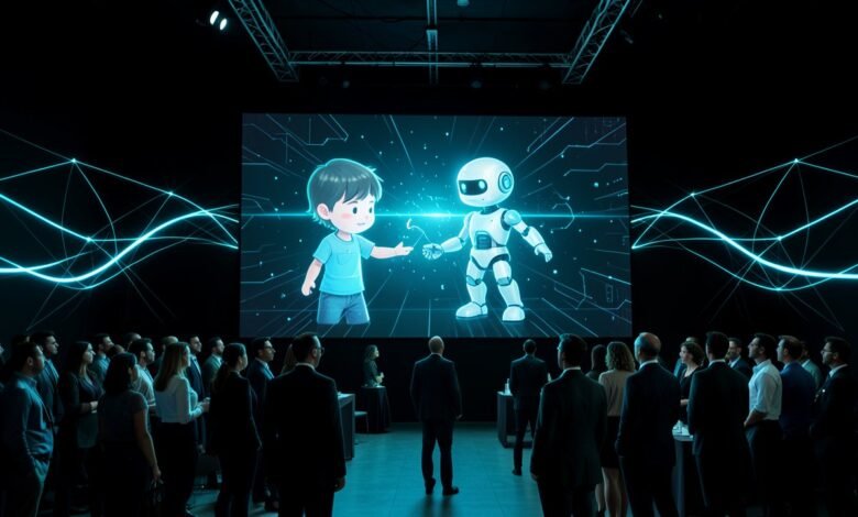 Ilustración de un avatar infantil digital interactuando con un robot en una sala de conferencias