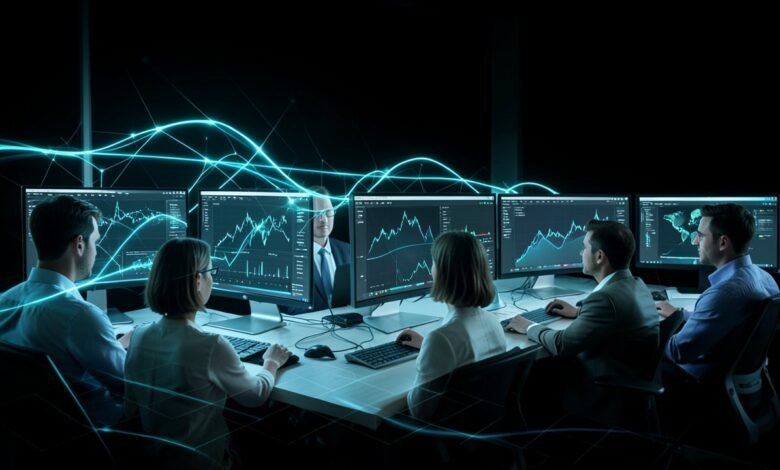 Equipo de TI revisando paneles de seguridad en varios monitores