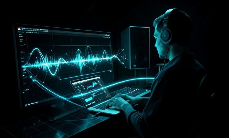 Estudio de grabación con un músico y ondas de audio generadas por IA en un monitor