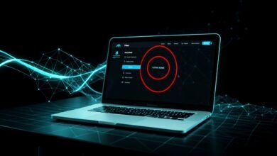 MacBook en un escritorio con el ajuste Acceso total al disco resaltado en Configuración del Sistema
