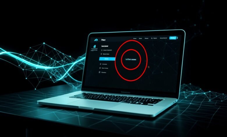 MacBook en un escritorio con el ajuste Acceso total al disco resaltado en Configuración del Sistema
