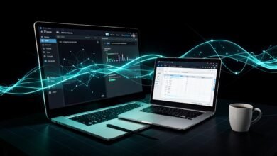 Escritorio de oficina con una pantalla que muestra un editor de documentos con asistente de IA y una laptop con hoja de cálculo