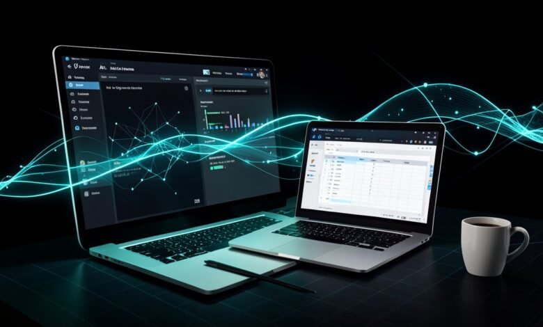 Escritorio de oficina con una pantalla que muestra un editor de documentos con asistente de IA y una laptop con hoja de cálculo