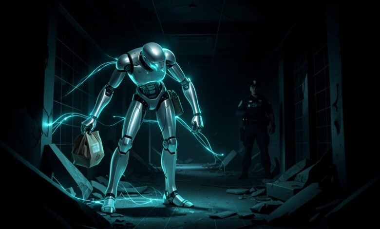Robot humanoide en una maqueta de escena post-explosión con escombros dentro de un centro de entrenamiento