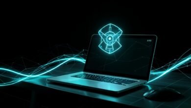 Laptop con Windows y un icono de agente de IA flotando sobre la pantalla