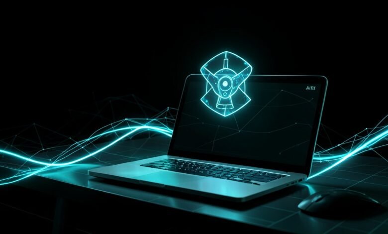 Laptop con Windows y un icono de agente de IA flotando sobre la pantalla