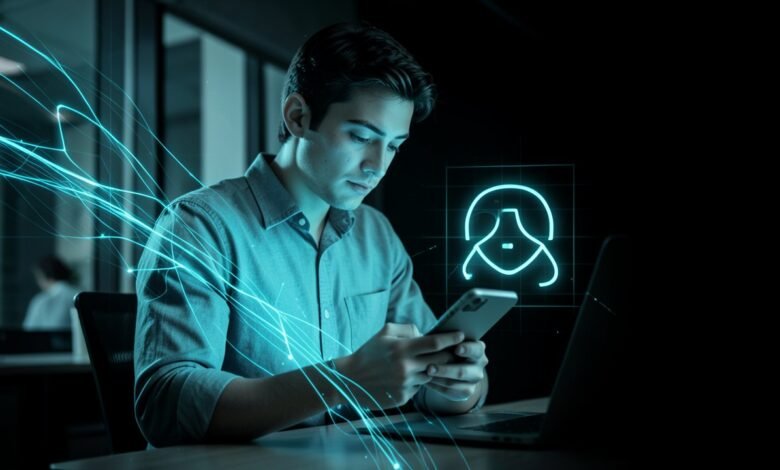 Persona escribiendo un mensaje de texto en su celular a un asistente de IA