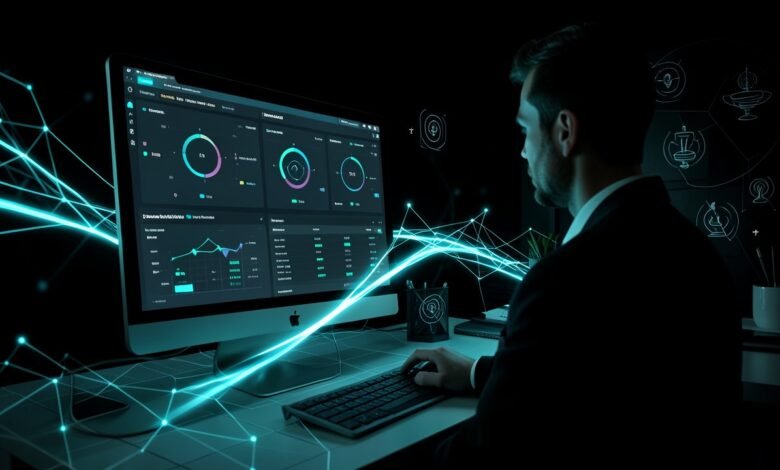 Oficina con un tablero de métricas de empleados en una pantalla y un gerente mirándolo