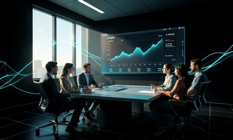 Sala de oficina con una pantalla que muestra un gráfico y profesionales conversando alrededor de una mesa