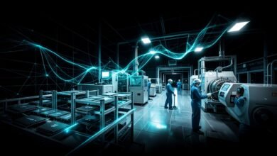 Línea de producción de chips de memoria DRAM en una fábrica de semiconductores, con técnicos revisando los equipos