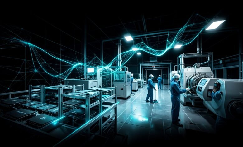 Línea de producción de chips de memoria DRAM en una fábrica de semiconductores, con técnicos revisando los equipos