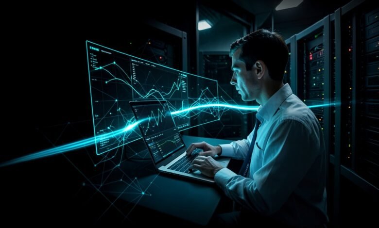 Ingeniero de redes monitoreando servidores en un centro de datos