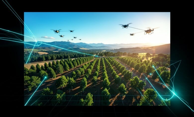 Vista aérea de un bosque de araucarias en la Patagonia argentina con un dron sobrevolando