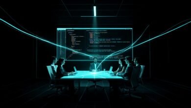 Sala de reuniones con una pantalla que muestra código y personas conversando alrededor de una mesa