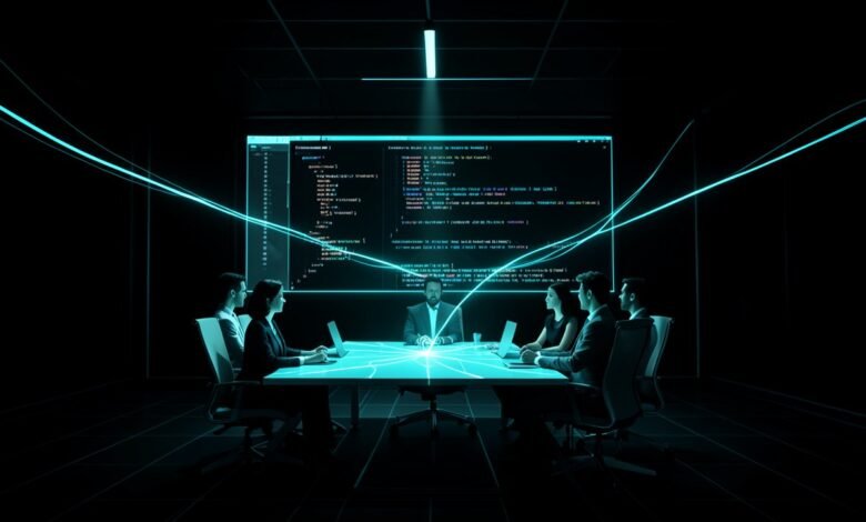 Sala de reuniones con una pantalla que muestra código y personas conversando alrededor de una mesa