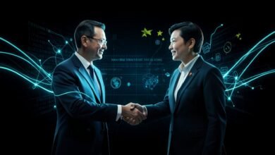 Fachada de la Casa Blanca con un circuito digital superpuesto que simboliza la regulación de la inteligencia artificial