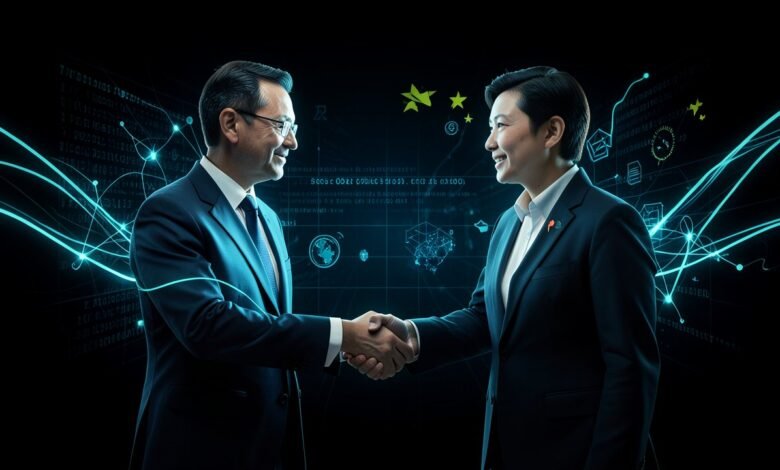 Fachada de la Casa Blanca con un circuito digital superpuesto que simboliza la regulación de la inteligencia artificial