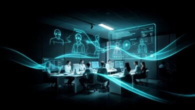 Ilustración de una oficina moderna con una interfaz holográfica que muestra agentes de IA y un equipo colaborando