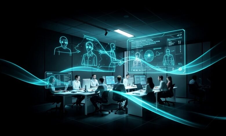 Ilustración de una oficina moderna con una interfaz holográfica que muestra agentes de IA y un equipo colaborando