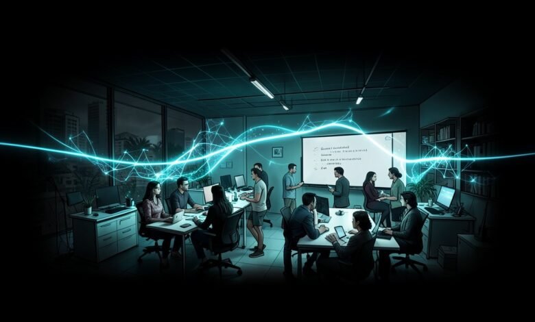 Equipo diverso de una startup colaborando frente a una pizarra en una oficina de Ciudad de México