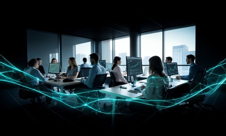 Equipo de analistas revisando datos de compras en pantallas dentro de una oficina moderna