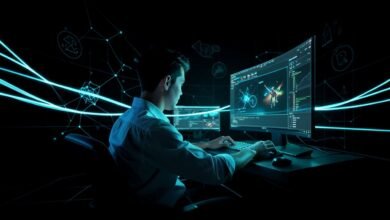 Ingeniero frente a pantallas trabajando en un motor de videojuegos con símbolos de IA