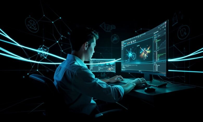 Ingeniero frente a pantallas trabajando en un motor de videojuegos con símbolos de IA