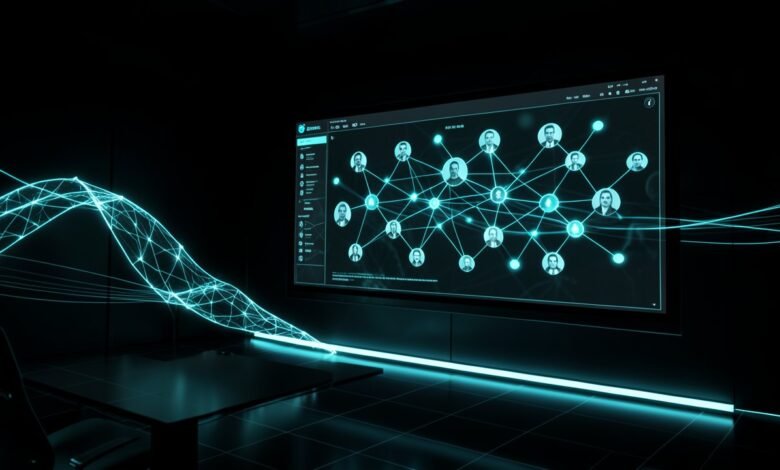 Red de nodos y perfiles en una pantalla que representa datos personales agregados por IA