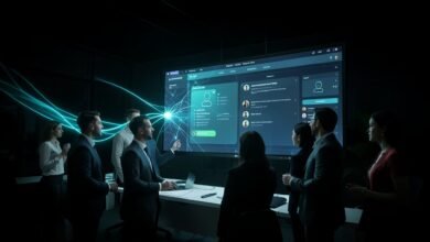 Equipo de profesionales frente a una pantalla con interfaces de agentes de IA