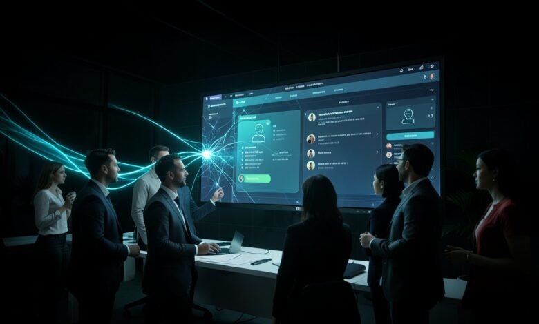 Equipo de profesionales frente a una pantalla con interfaces de agentes de IA