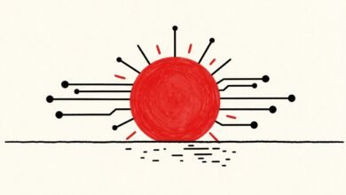 Ilustración generada con IA: sol rojo cuyos rayos se convierten en líneas de circuito y nodos conectados