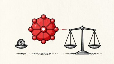 Ilustración generada con IA: núcleo de red neuronal, una balanza y una moneda que aluden a precio y rendimiento