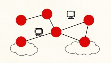 Ilustración generada con IA: nodos rojos conectados en una red, con nubes y pequeños monitores, que aluden a agentes en la nube